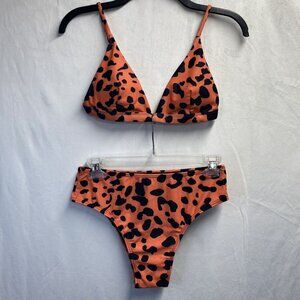 2 Piece Strappy Triangle Top & Bikini Women Small Black/Orange Leopard Print